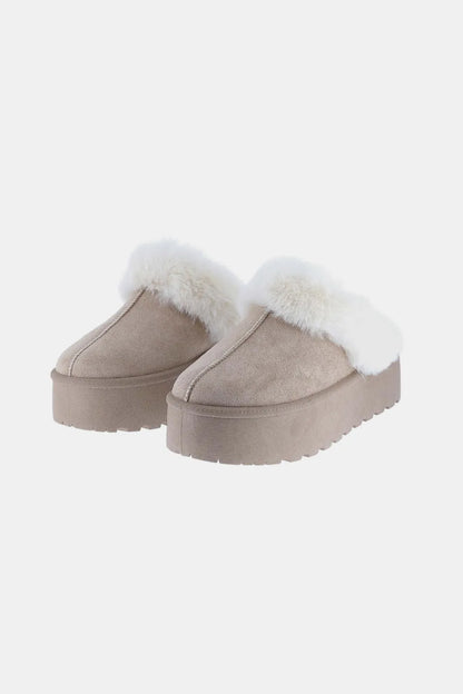 Taupe Weeboo Thick Bottom Fur Trim Snow Slippers by Trendsi, cozy winter footwear with fur accents and durable soles.