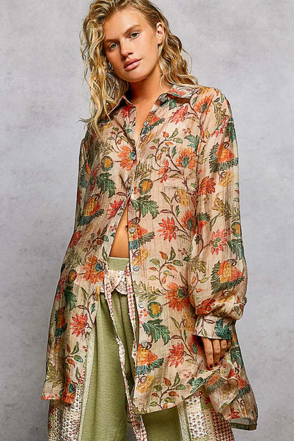 Taupe floral long sleeve button-down shirt by POL Metal, featuring a stylish floral pattern and classic fit.