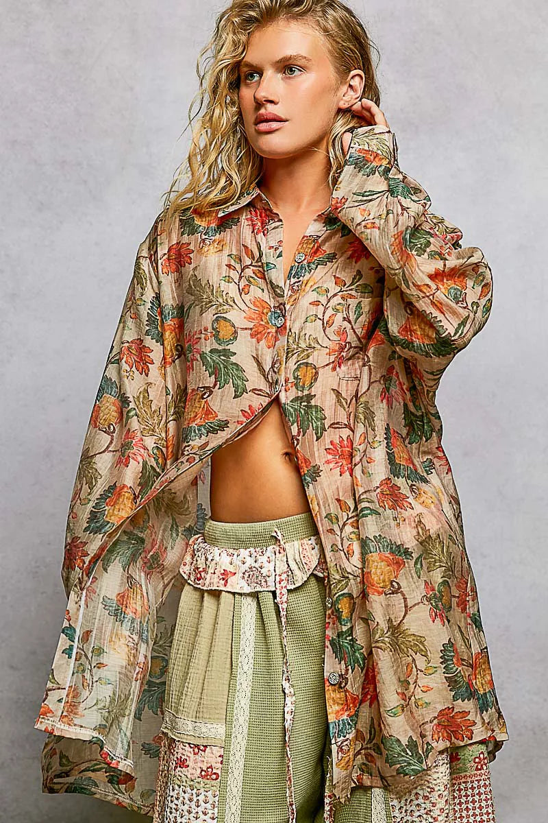 Taupe floral long sleeve shirt with metal buttons, trendy button-down design, made by Trendsi.