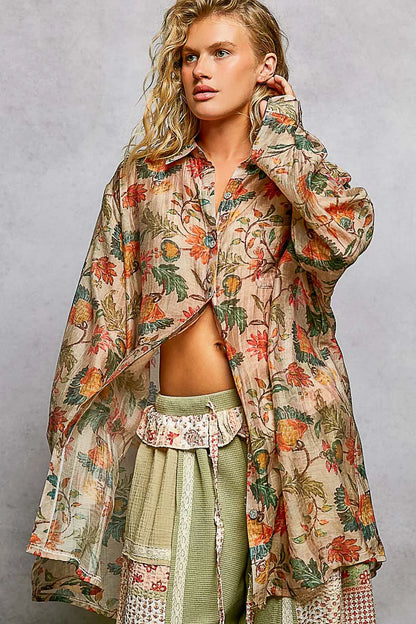 Taupe floral long sleeve shirt with metal buttons, trendy button-down design, made by Trendsi.