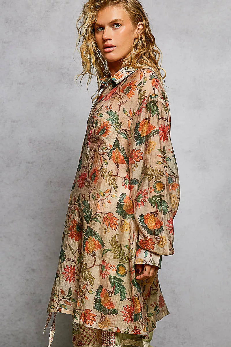 Trendsi POL metal button-down floral long sleeve shirt in taupe and multicolor with a relaxed fit and floral pattern.