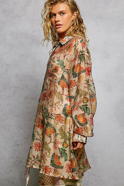 Trendsi POL metal button-down floral long sleeve shirt in taupe and multicolor with a relaxed fit and floral pattern.