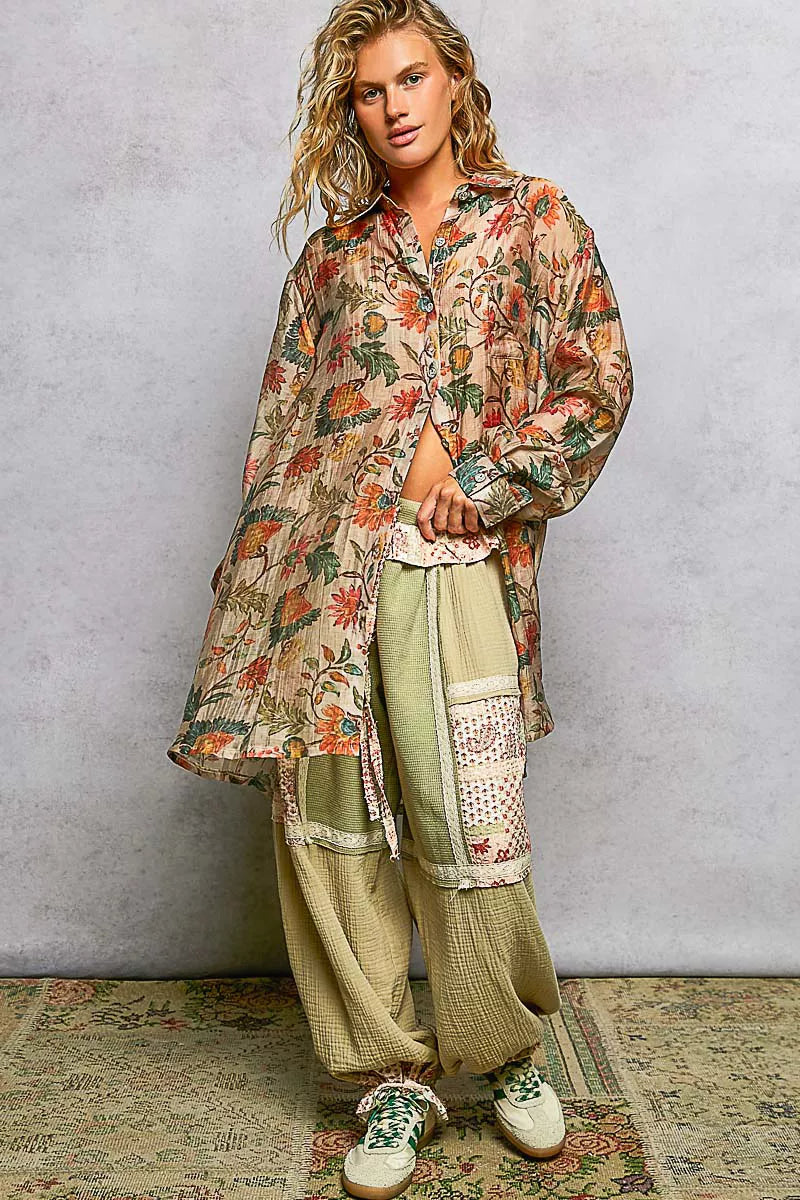 Trendsi POL metal button-down floral long sleeve shirt in taupe multi-color featuring a stylish, casual design.