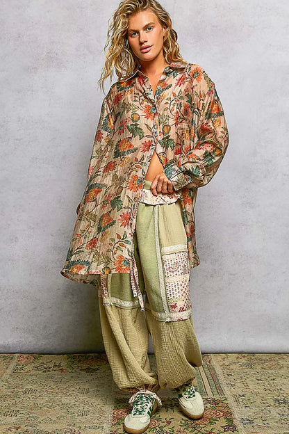 Trendsi POL metal button-down floral long sleeve shirt in taupe multi-color featuring a stylish, casual design.