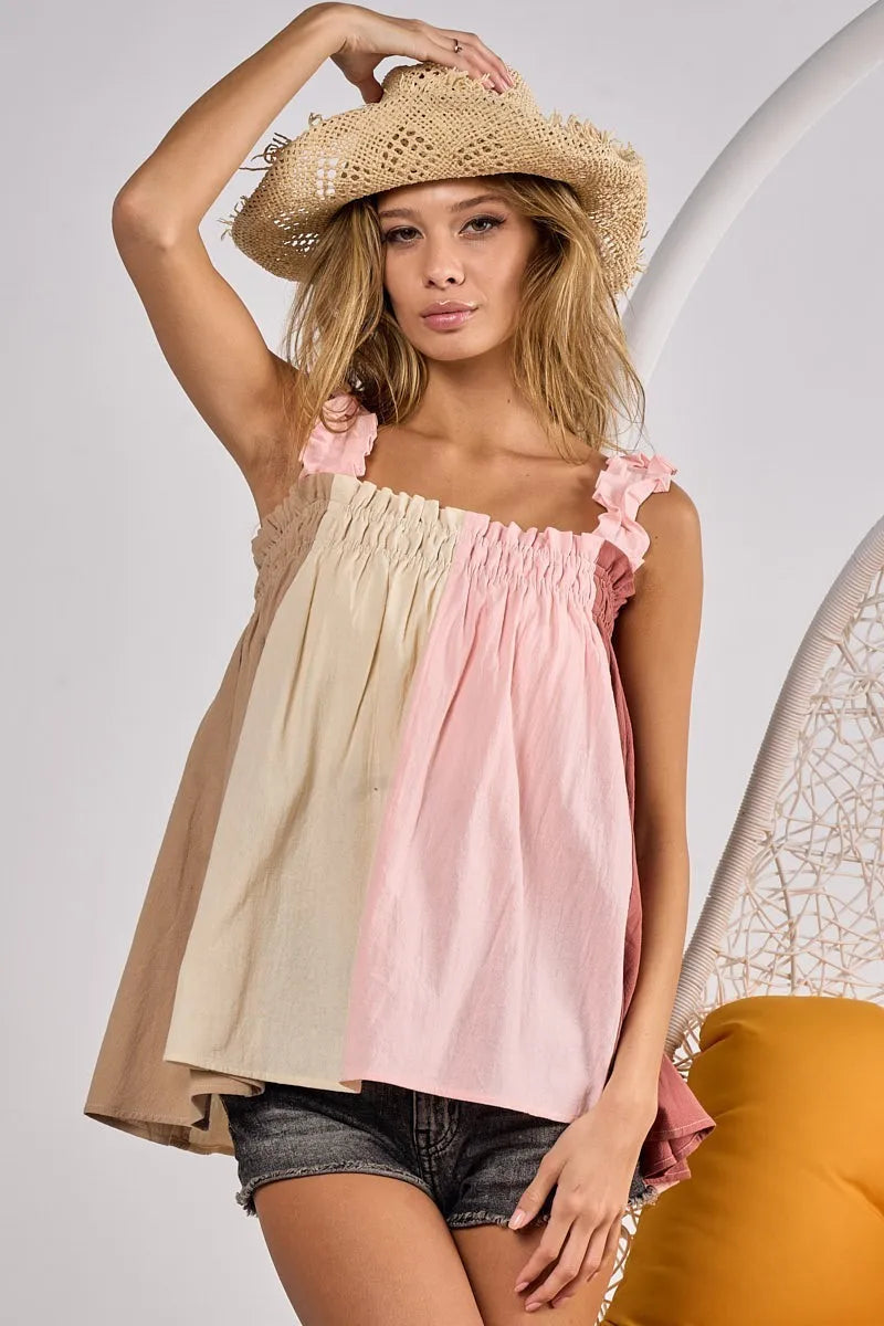 Trendsi BiBi color block bodice top with frill shoulder straps in taupe, pink, and marsala, featuring a stylish sleeveless design.
