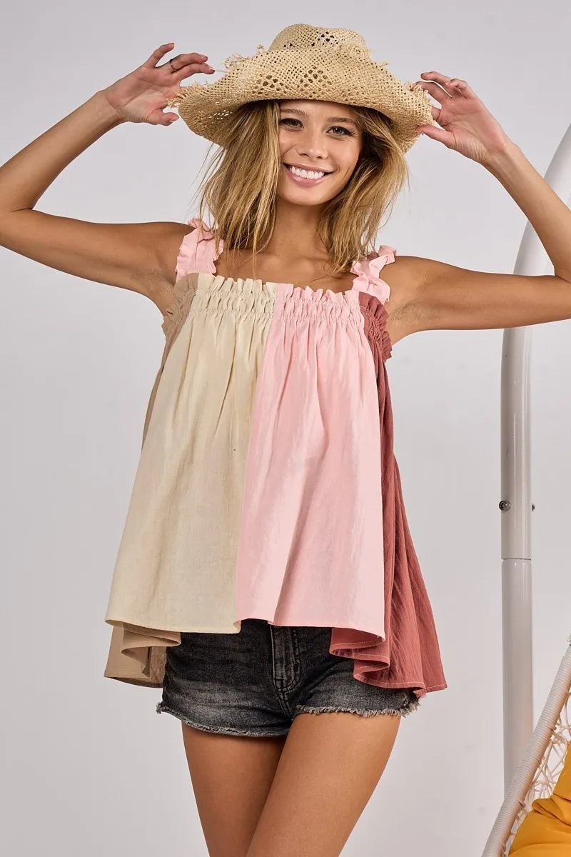 Taupe, pink, and marsala color block bodice top with frill shoulder straps from Trendsi, featuring a stylish and trendy design.