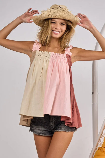 Taupe, pink, and marsala color block bodice top with frill shoulder straps from Trendsi, featuring a stylish and trendy design.