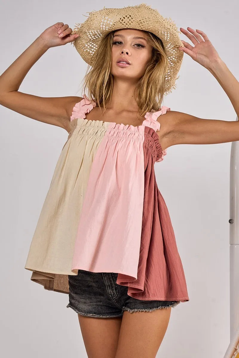 Taupe, pink, and marsala color block BiBi frill shoulder strap bodice top by Trendsi, featuring a stylish frilled shoulder design.