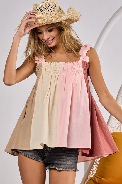 Trendi taupe, pink, and marsala color block bodice top with frill shoulder straps, stylish and versatile women's fashion piece