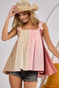 Trendi taupe, pink, and marsala color block bodice top with frill shoulder straps, stylish and versatile women's fashion piece