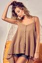 Taupe BiBi Popcorn Waffle Knit cami top by Trendsi featuring a buttoned front and sleeveless design.