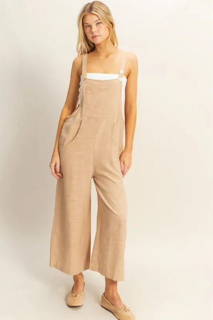 Taupe HYFVE textured wide-leg overall from Trendsi, featuring a relaxed fit and stylish design, shown on a model.