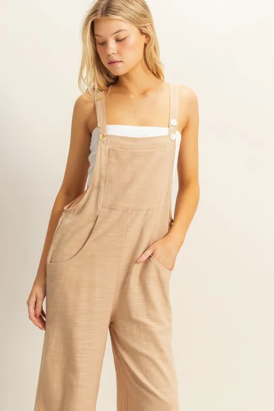 Taupe HYFVE textured wide-leg overall from Trendsi, featuring a relaxed fit and stylish design, shown on a model.