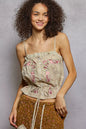 Taupe POL button-down floral embroidered cropped cami by Trendsi with lace detail and lightweight design.