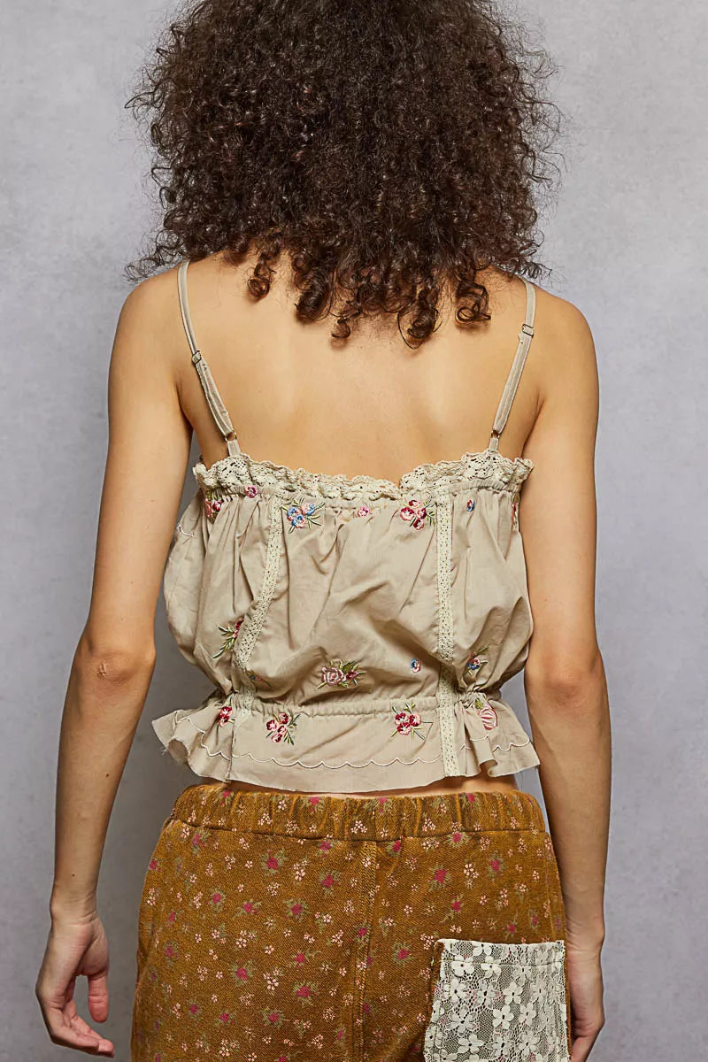 Taupe POL button-down floral embroidered cropped cami with lace detail, trendy and stylish women's top by Trendsi.