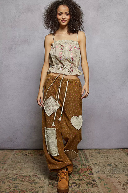 Taupe trendy POL button-down floral embroidered cropped cami with lace details, perfect for stylish summer outfits.