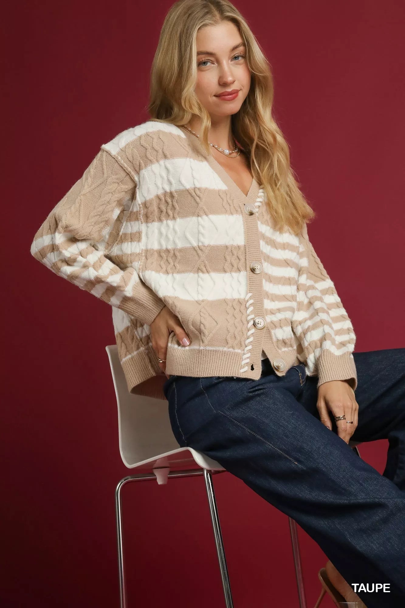 Taupe Umgee cable-knit stripe button-up cardigan featuring a classic design and front buttons, perfect for layered fall looks.