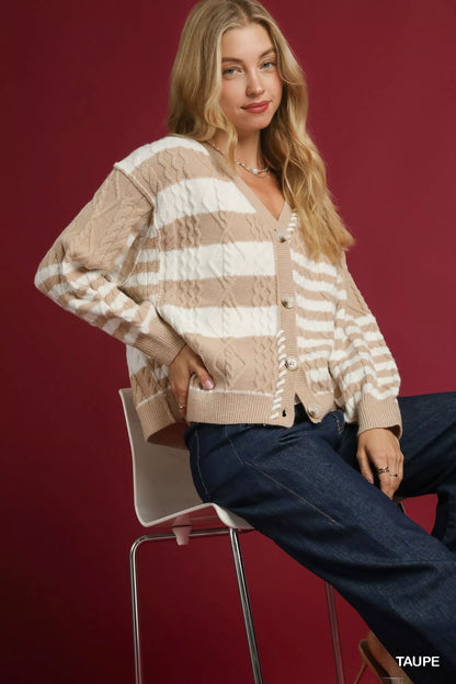 Taupe Umgee cable-knit stripe button-up cardigan featuring a classic design and front buttons, perfect for layered fall looks.