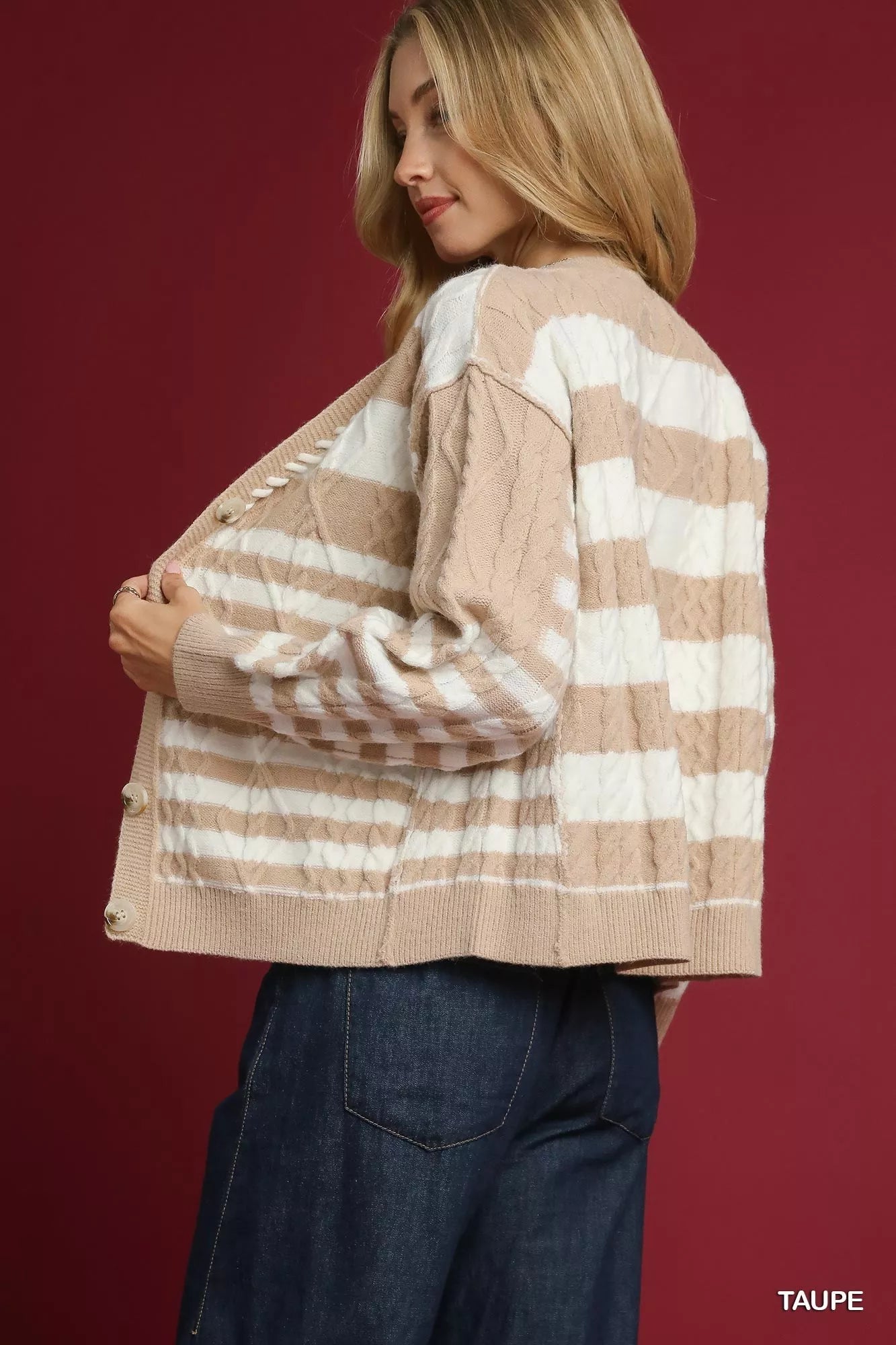 Taupe Umgee Cable-Knit Stripe Button-Up Cardigan with front buttons, casual and cozy knit sweater for women.