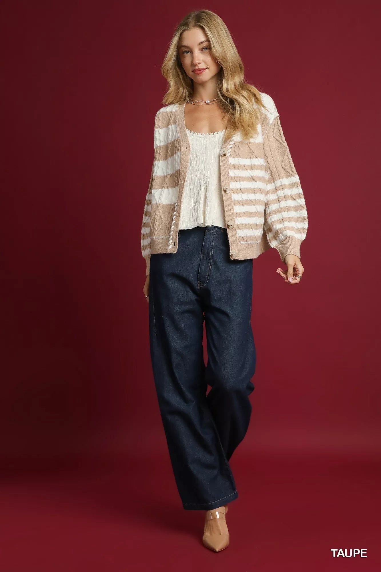 Taupe Umgee Cable-Knit Stripe Button-Up Cardigan with front buttons and long sleeves, styled for casual wear.
