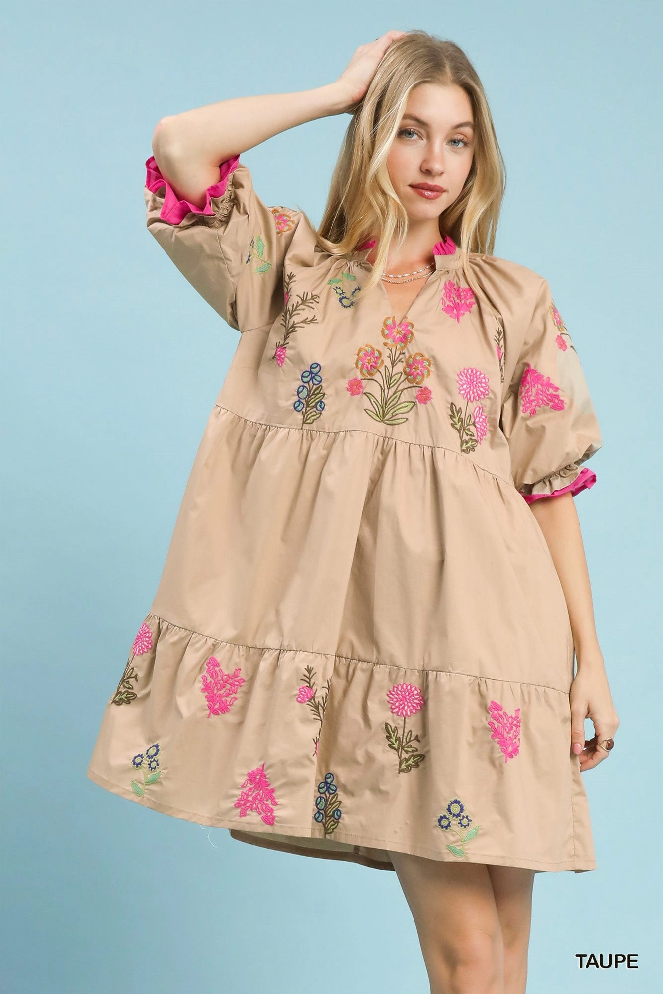 Taupe Umgee embroidered floral tiered dress with intricate embroidery and layered design, perfect for casual or semi-formal wear.