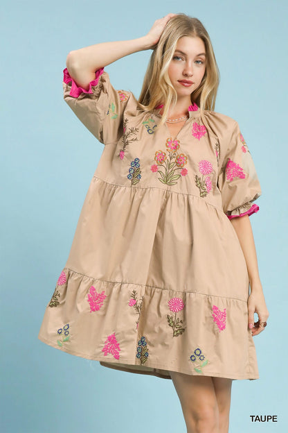 Taupe Umgee embroidered floral tiered dress with intricate embroidery and layered design, perfect for casual or semi-formal wear.