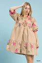 Taupe Umgee embroidered floral tiered dress with intricate embroidery and layered design, perfect for casual or semi-formal wear.