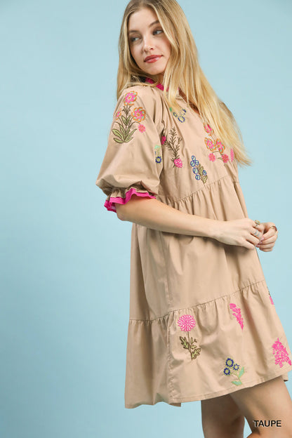 Taupe Umgee embroidered floral tiered dress with intricate embroidery and flowing layered design, perfect for casual or special occasions.