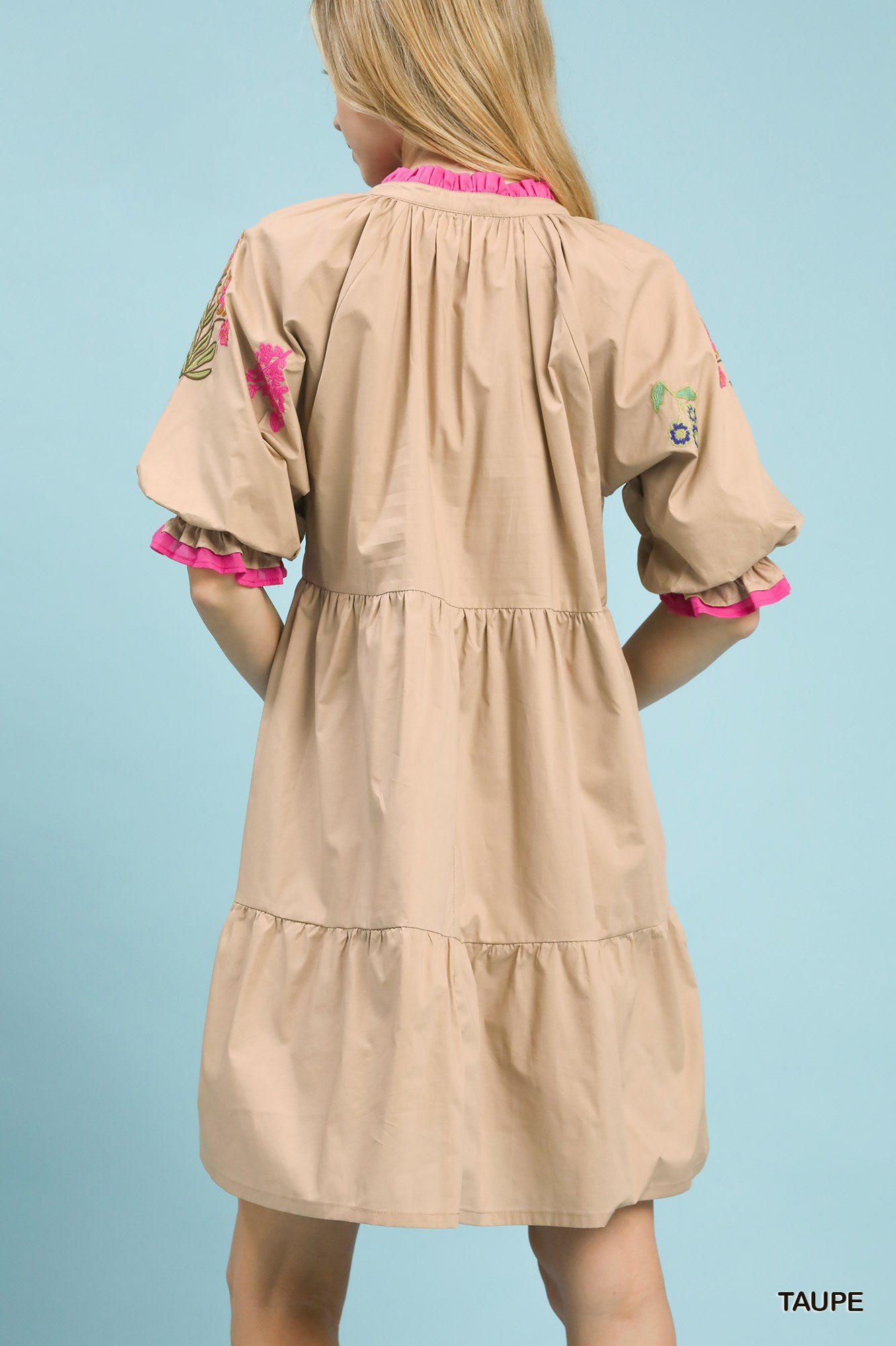 Taupe Umgee embroidered floral tiered dress with intricate embroidery and flowy silhouette, perfect for casual or special occasions.