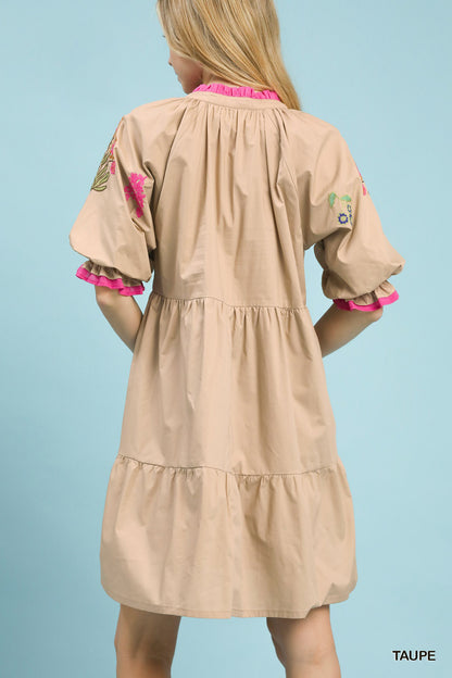 Taupe Umgee embroidered floral tiered dress with intricate embroidery and flowy silhouette, perfect for casual or special occasions.