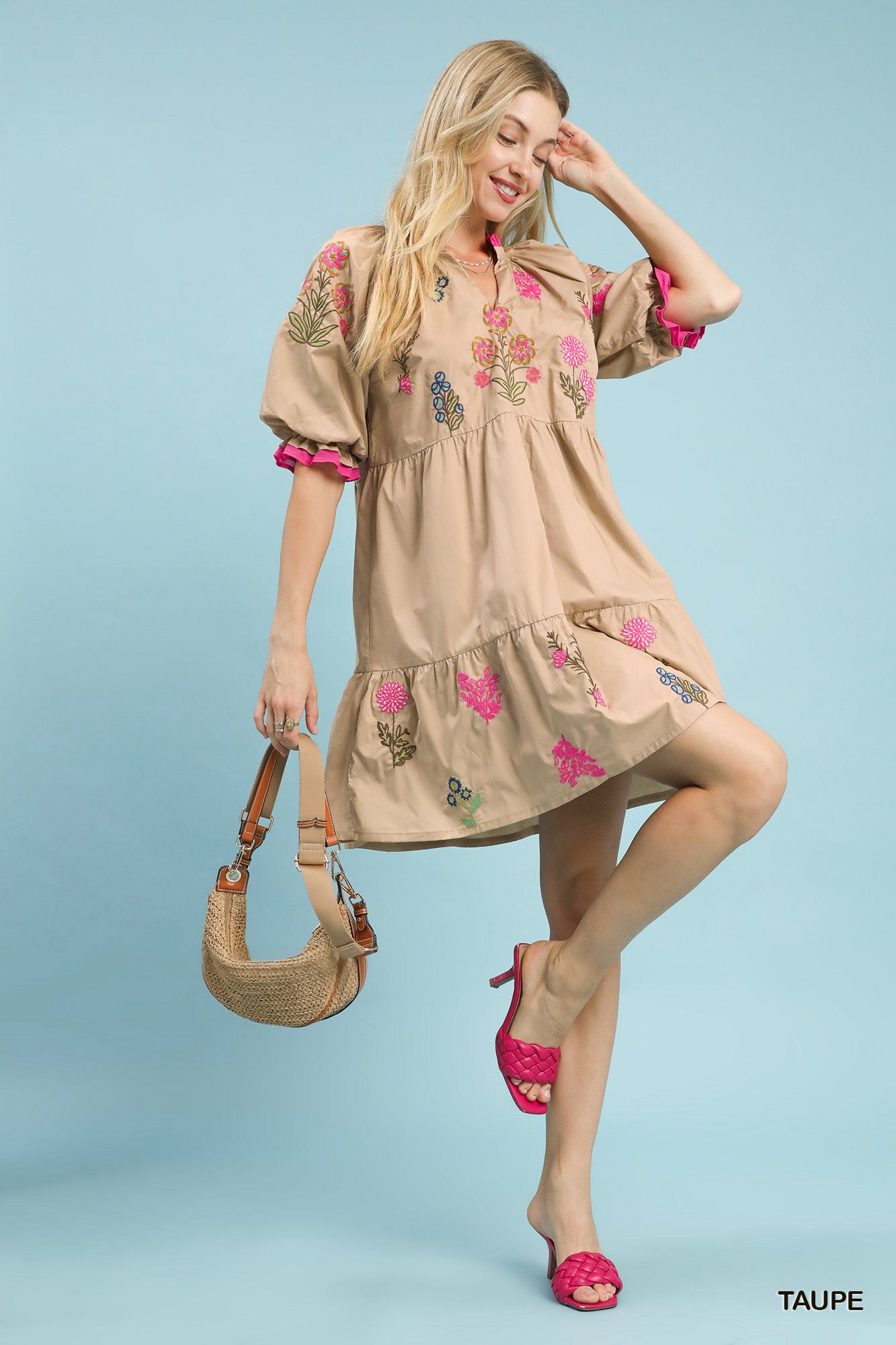 Taupe Umgee embroidered floral tiered dress with intricate embroidery and flowing layered skirt, perfect for casual or special occasions.