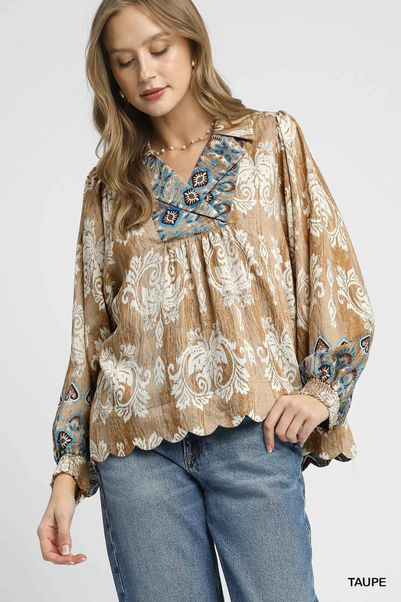 Taupe Umgee floral boho blouse with scalloped hem, featuring a relaxed fit and feminine floral print, perfect for casual wear.