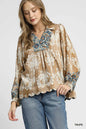 Taupe Umgee floral boho blouse with scalloped hem, featuring a relaxed fit and feminine floral print, perfect for casual wear.
