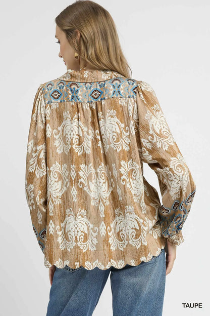 Taupe Umgee floral boho blouse with scalloped hem, featuring a relaxed fit and bohemian style, perfect for casual wear.