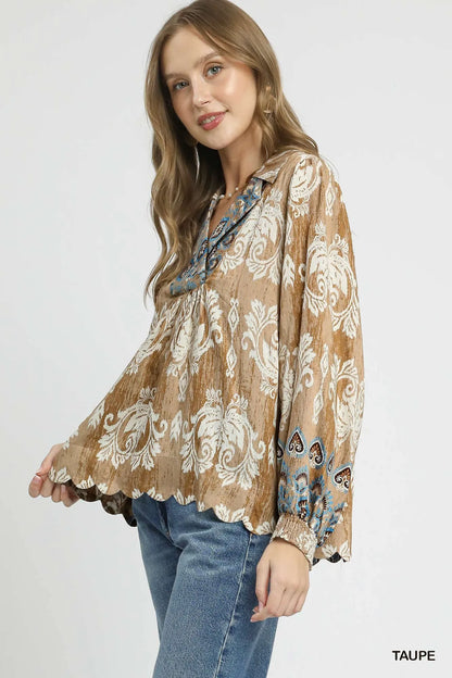 Taupe Umgee floral boho blouse with scalloped hem, showcasing flowy fabric and intricate floral pattern.
