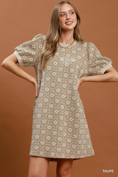 Taupe floral textured puff sleeve mini dress by Umgee, featuring a stylish design with puffed sleeves and a flattering fit.