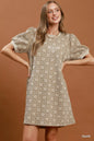 Taupe floral textured puff sleeve mini dress by Umgee, featuring a stylish design with puffed sleeves and a flattering fit.