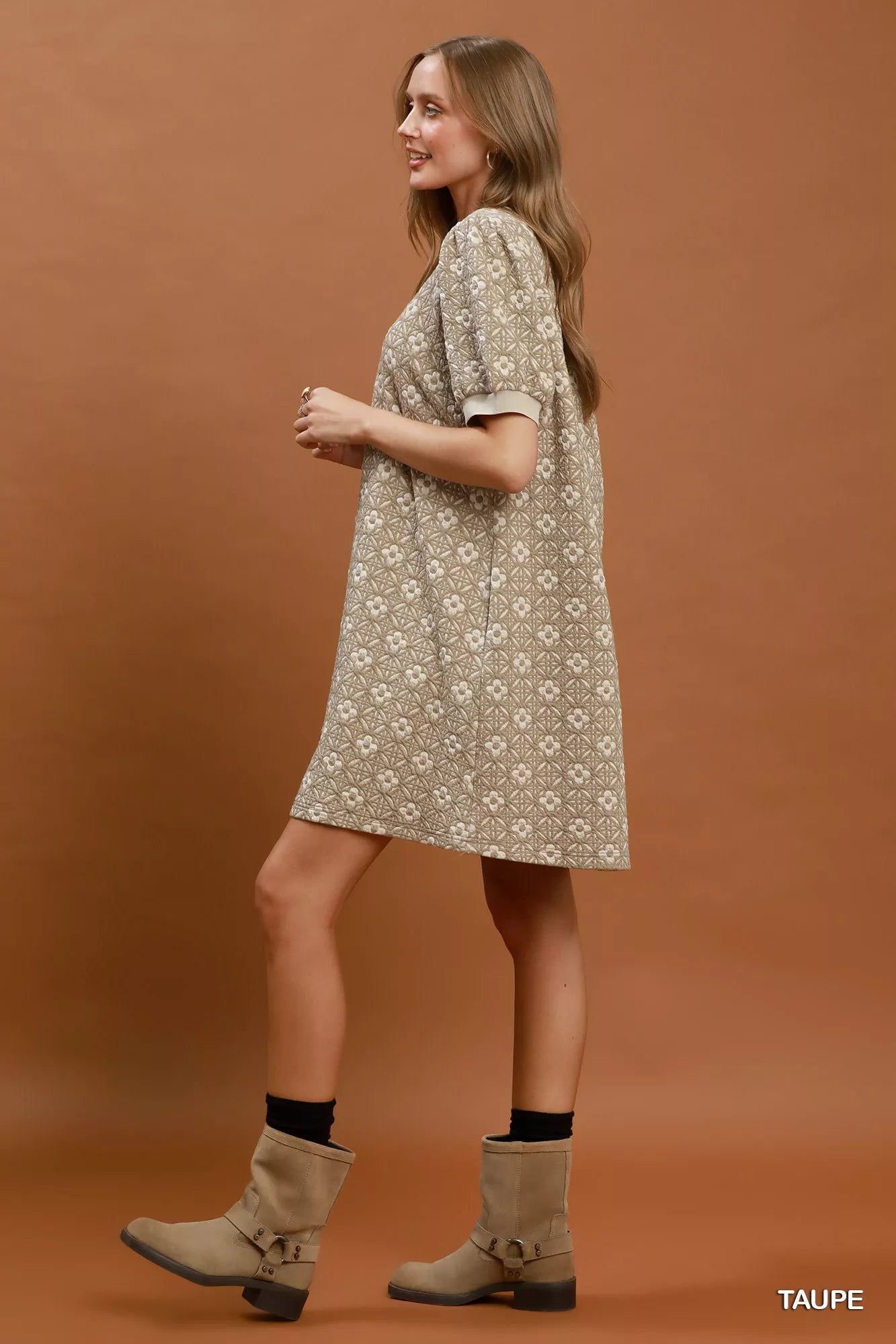 Taupe Umgee floral textured puff sleeve mini dress featuring a fitted silhouette and stylish short puff sleeves.