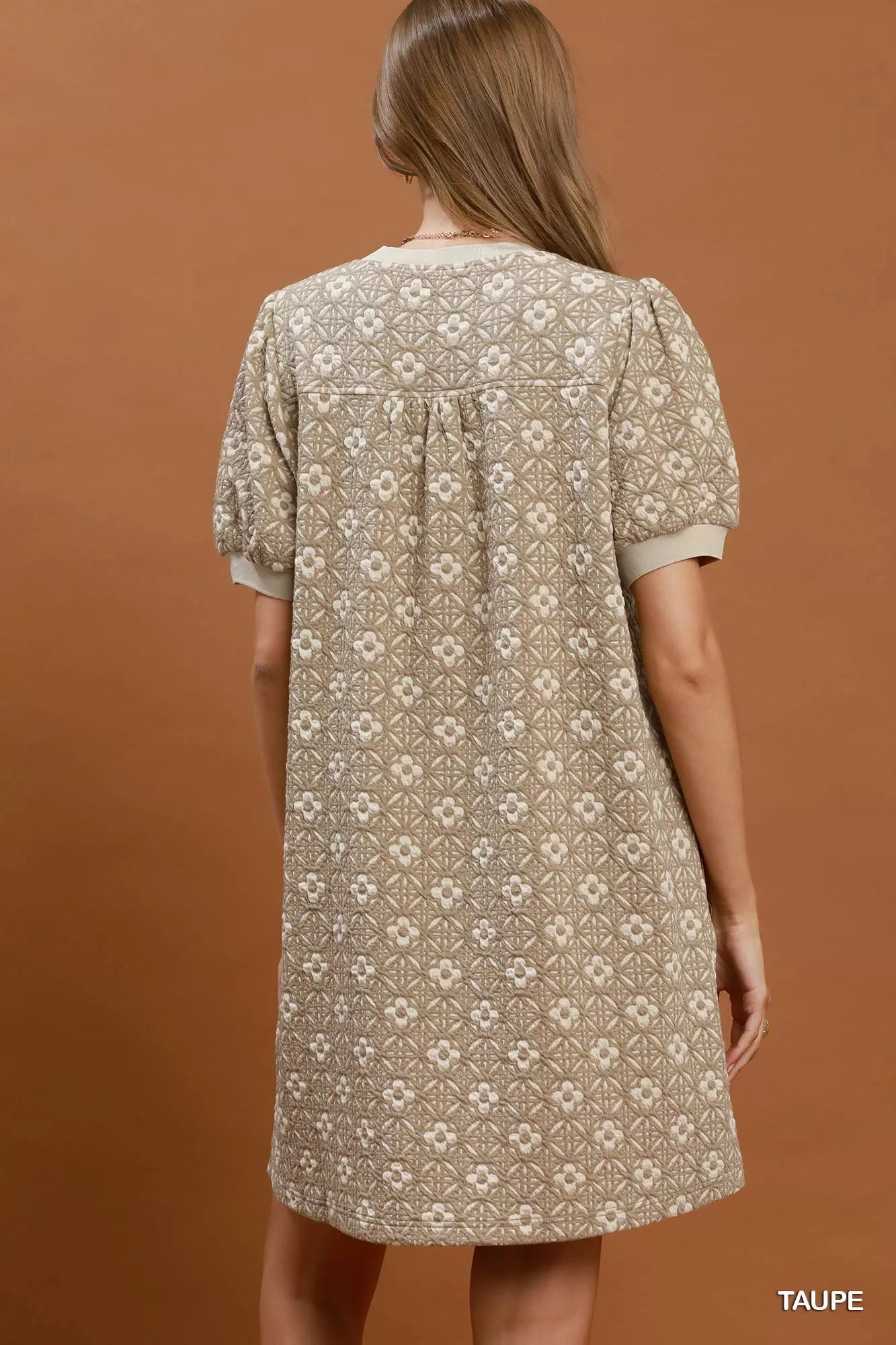 Taupe floral textured puff sleeve mini dress by Umgee, featuring a stylish fit and intricate fabric details.