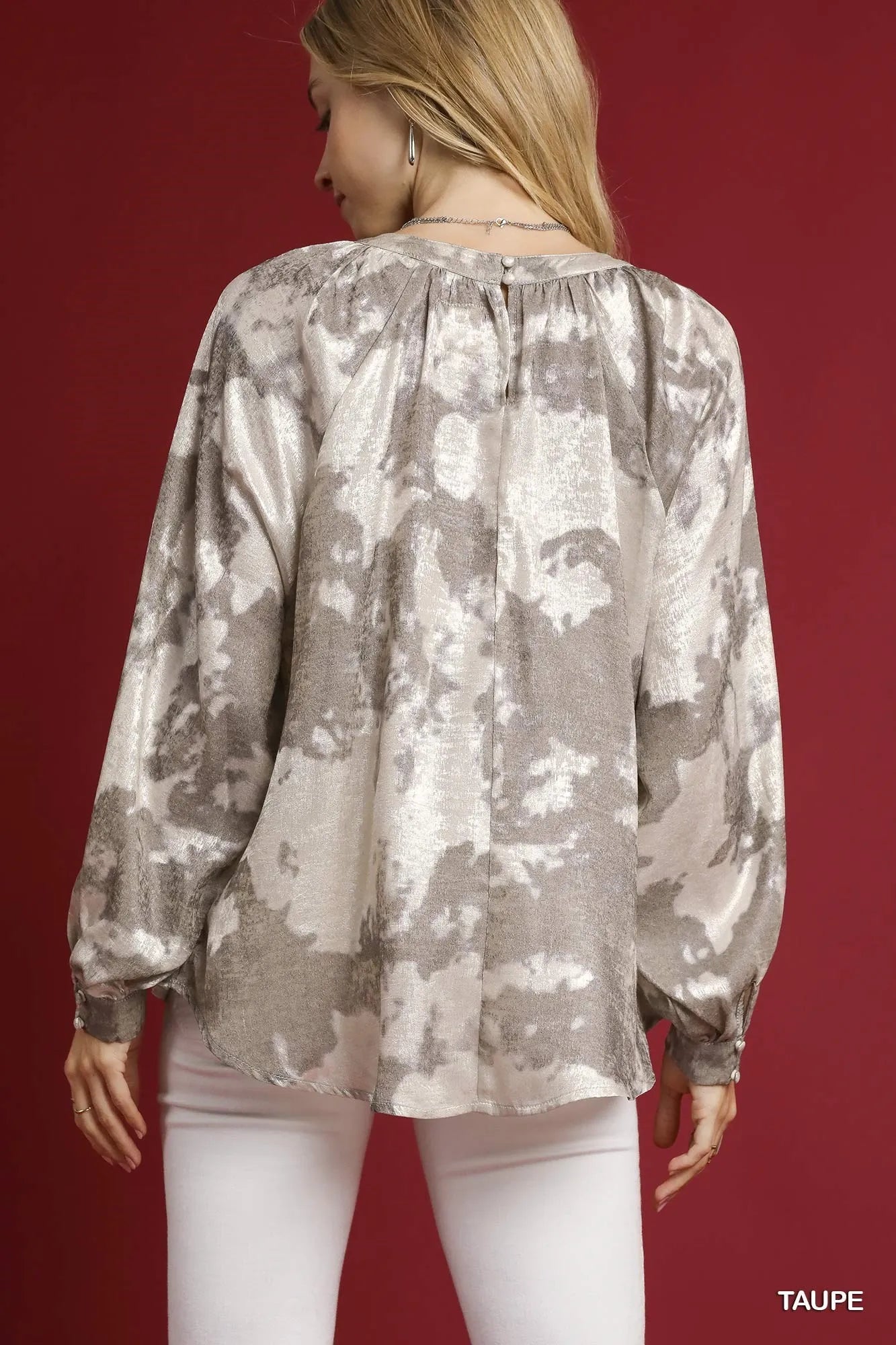Taupe metallic fabric blouse by Umgee with balloon sleeves, plus size, stylish and comfortable for casual or dressy wear.