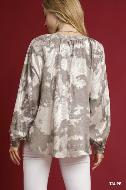 Taupe metallic fabric blouse by Umgee with balloon sleeves, plus size, stylish and comfortable for casual or dressy wear.