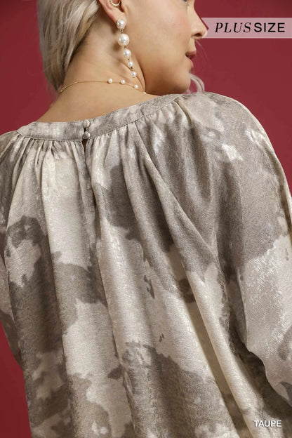 Taupe plus size metallic fabric blouse by Umgee with balloon sleeves, featuring a stylish and flowy design.