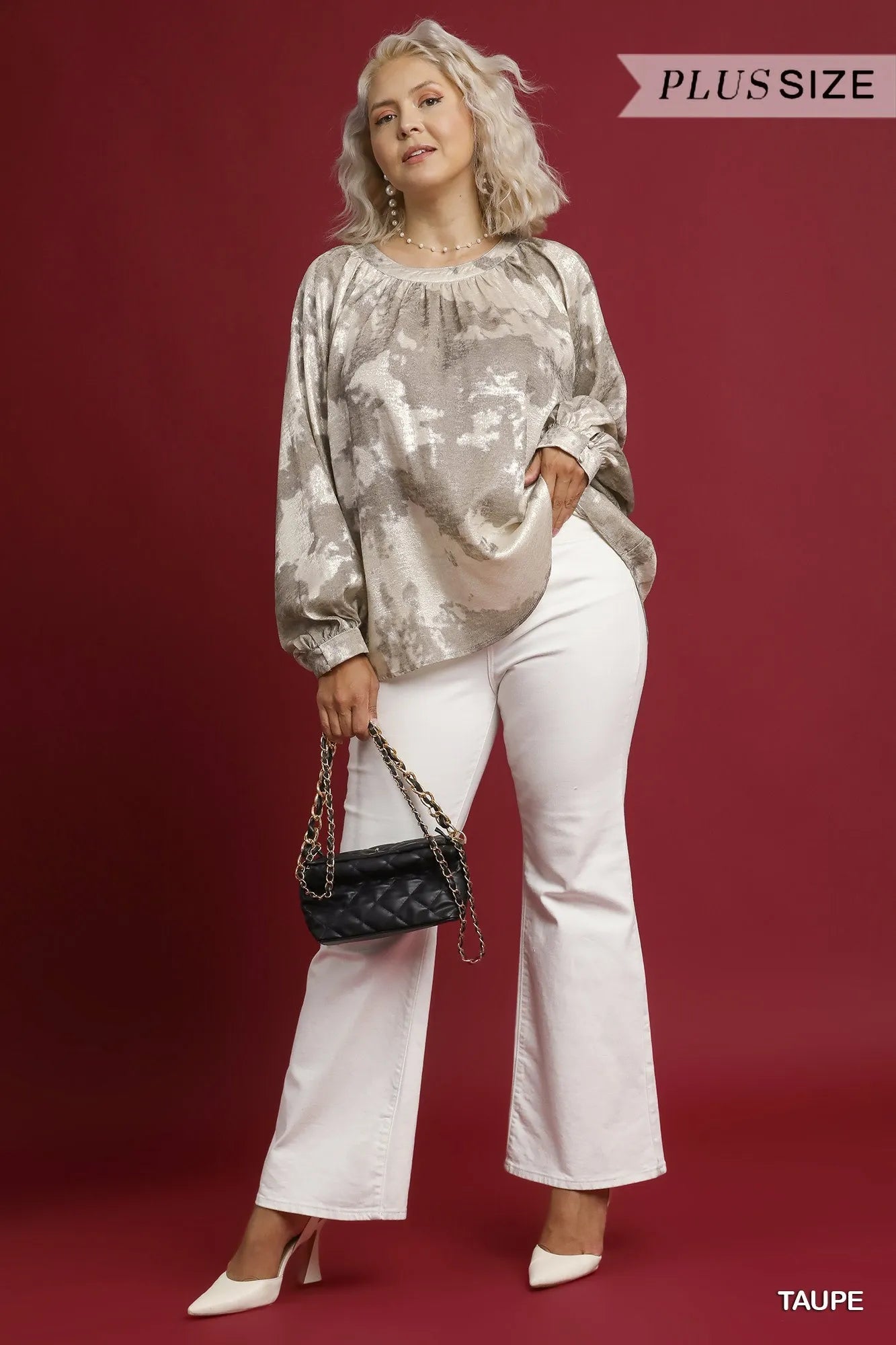 Taupe metallic fabric blouse with balloon sleeves by Umgee, plus size, shown with stylish design and full-coverage fit.