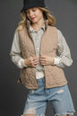 Taupe Umgee quilted zip-up vest with stand collar and front pockets, featuring a stylish and cozy design from Trendsi.