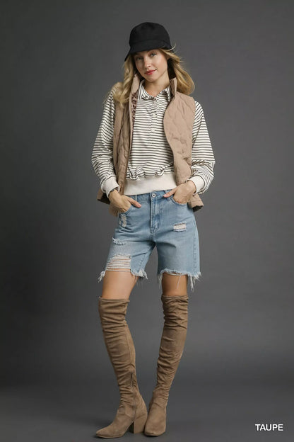 Taupe Umgee quilted zip-up vest with front pockets, styled for casual wear, by Trendsi.