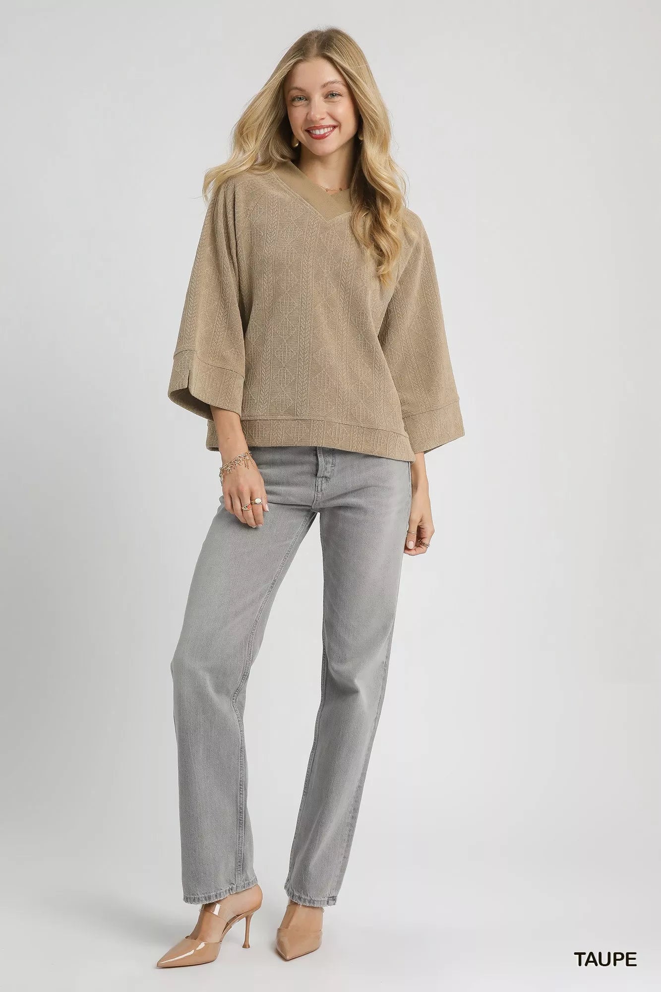 Taupe textured knit V-neck top by Umgee, featuring a relaxed fit and soft fabric, perfect for casual wear.