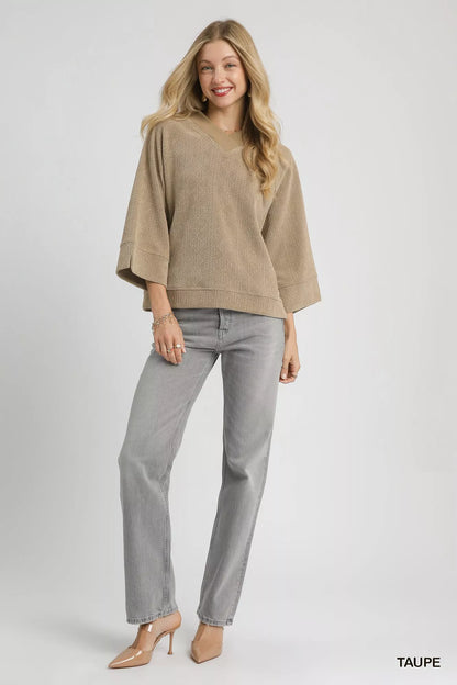 Taupe textured knit V-neck top by Umgee, featuring a relaxed fit and soft fabric, perfect for casual wear.