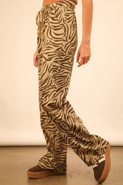 Taupe zebra print linen wide-leg pants from VERY J by Trendsi, featuring a relaxed fit and animal print design.