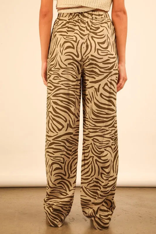 Taupe zebra print linen wide-leg pants by Very J, featuring a relaxed fit and stylish animal print design.