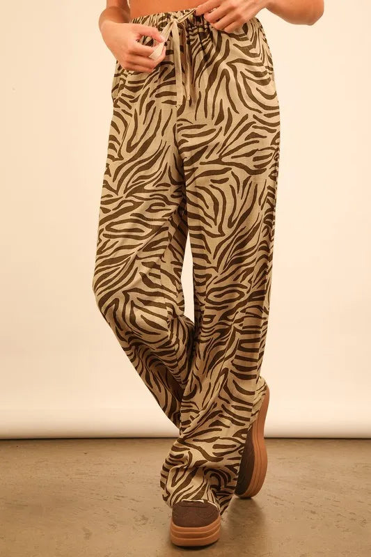 Taupe zebra print linen wide-leg pants from VERY J by Trendsi, featuring a relaxed fit and animal print design.